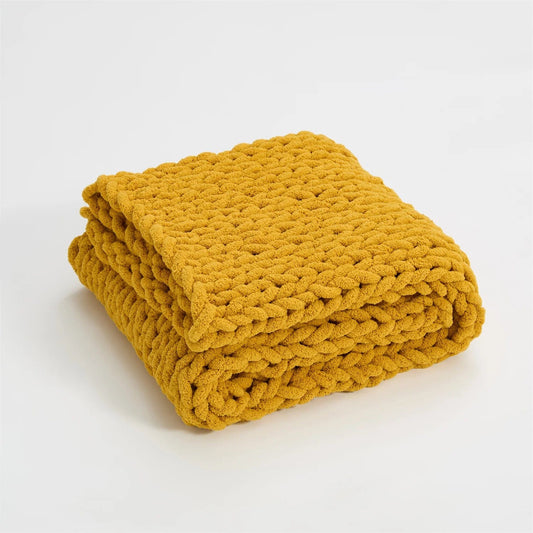 Jaune Moutarde / 100 x 150 cm Plaid Grosse Maille Jaune Moutarde