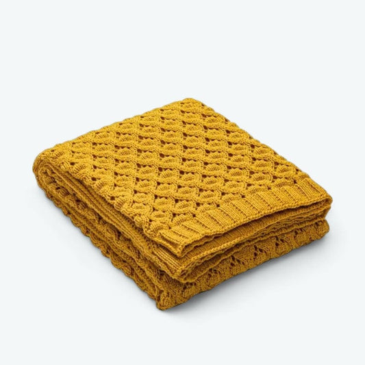 Plaid Crochet Grosse Maille Jaune Moutarde / 130 x 160 cm